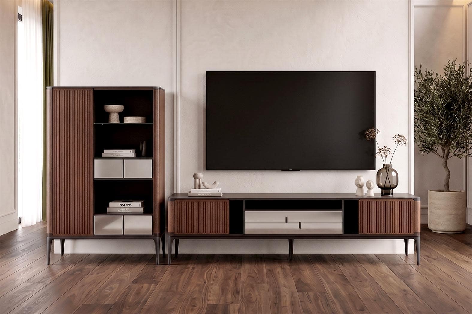 Balkanhome Mobilya TV Ünitesi odada modern ahşap dekorla.