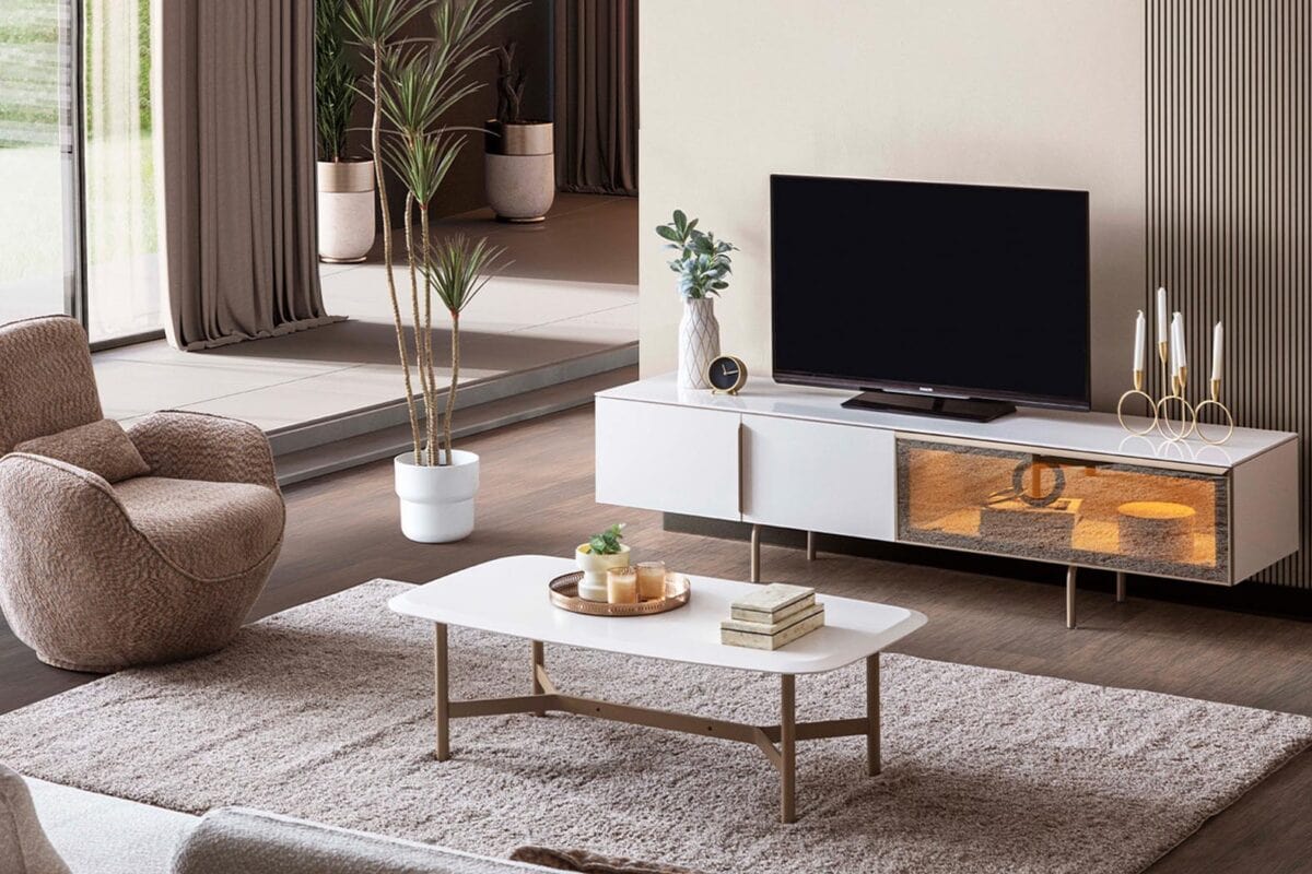 Modern Oturma Odası Dekorasyonu, Şık Mobilyalar Ve Minimalist Tasarım.
