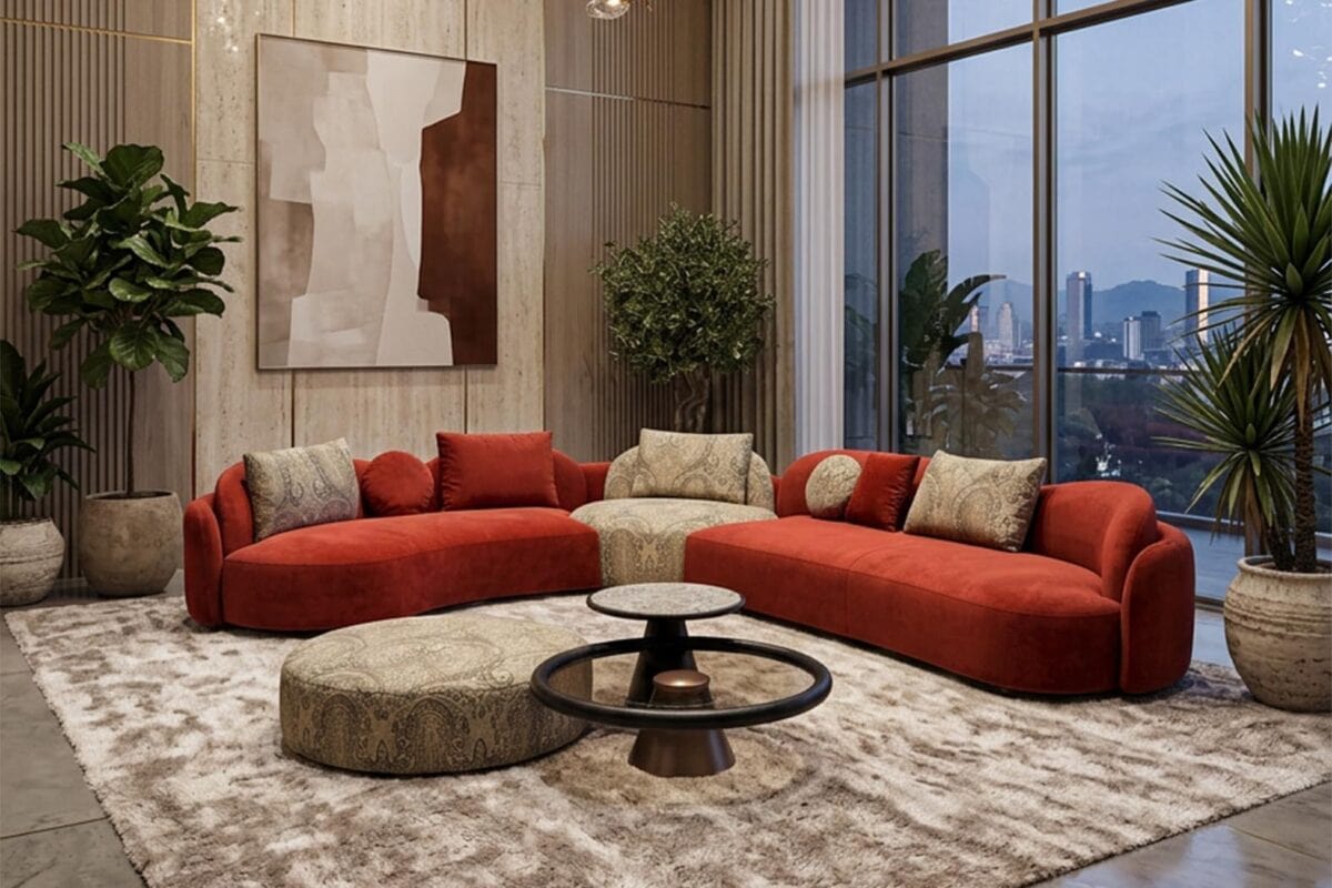 Balkanhome Mobilya Modern Oturma Odası, Kırmızı Ve Bej Renkli Koltuklar Ve Büyük Pencerelerle Şık Iç.
