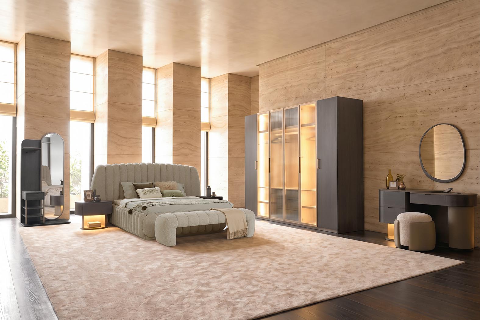 Balkon ve modern yatak odası tasarımı ile Balkanhome Mobilya dekorasyonu.