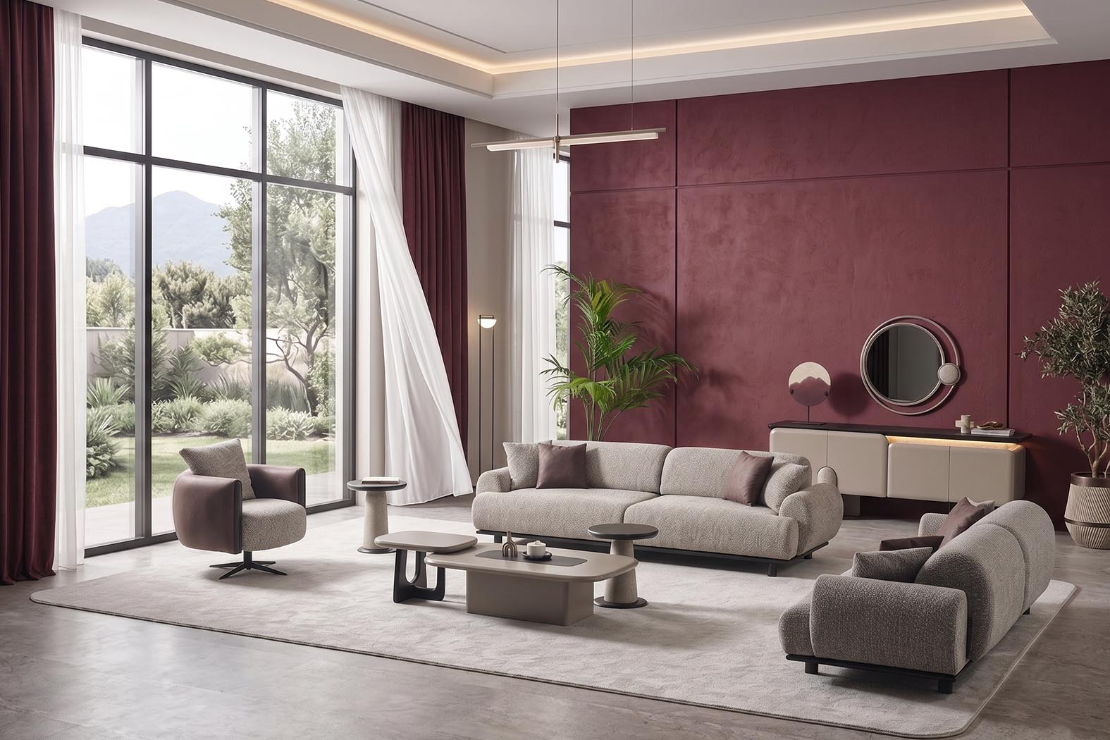 Balkanhome Mobilya oturma odası, modern koltuk takımı ve burgulu mor duvar.